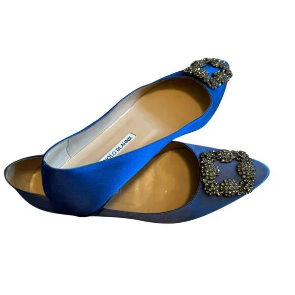 MANOLO BLAHNIK | Hangisi Crystal-Buckle Satin Flat 38.5 8.5 BLUE - Picture 16 of 16